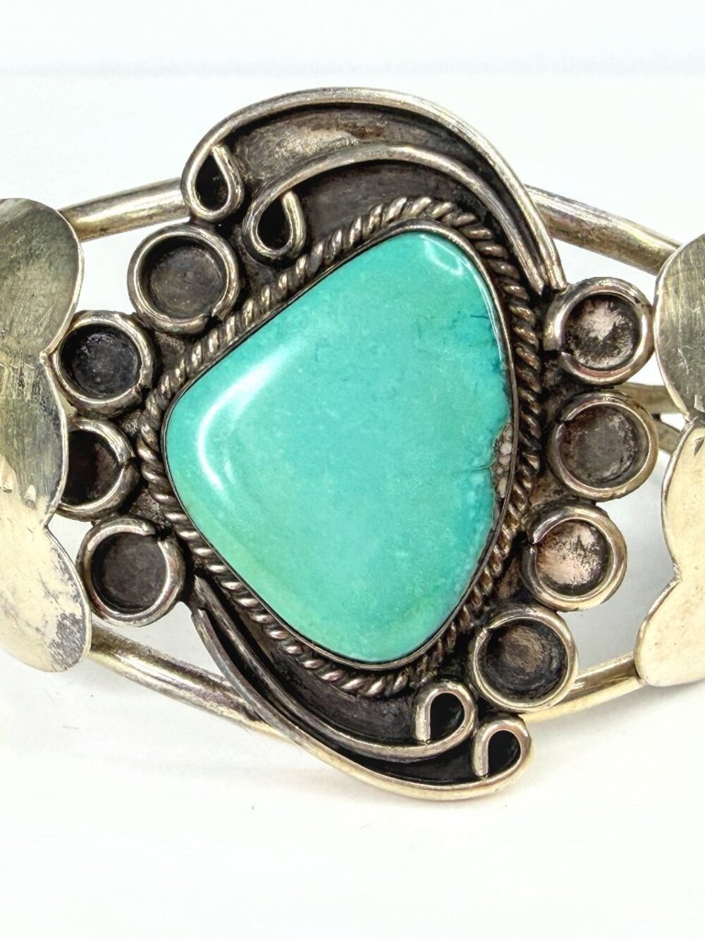 Vintage Southwestern Sterling Turquoise Floral petal Cuff Bracelet 6.75" JR1962